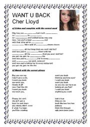 Want U Back Cher Lloyd Esl Worksheet By Sole Velez