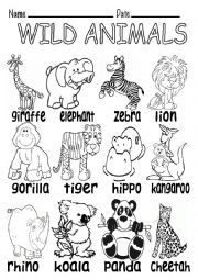 WILD ANIMALS B&W VOCABULARY