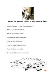 English worksheet: a questionnaire about favourite singer and picture-talk activity 