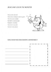 English worksheet: COLOR THE MONSTER, DRAW YOUR OWN MONSTER