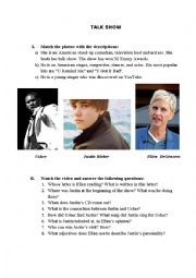 English Worksheet: Watching tasks for The Ellen Show with Justin Bieber