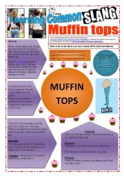 English Worksheet: SLANG - Learning Common Slang - MUFFIN TOPS Part 2 of 2 (4 pages) -VIDEO LINK - A complete worksheet with 10 exercises and instructions