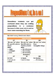 English Worksheet: Prepositions at in and on