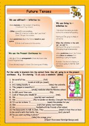 English Worksheet: Future Tenses: Will, Going to and Present Continuous (+KEY)