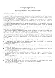 English Worksheet: JOB ADVERTISEMENT-READING COMPREHENSION