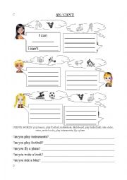 English Worksheet: Can, cant + short answers