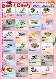 English Worksheet: СAN / CANT WITH ANIMALS(+ keys)