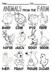 English Worksheet: ANIMALS FROM THE FARM B&W