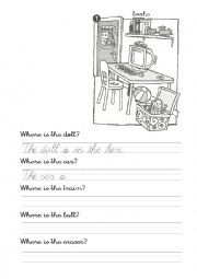 English Worksheet: Prepositions, toys and school vocabulary