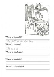 English worksheet: Prepositions, toys and school vocabulary