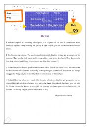 English Worksheet: end of term 1 English test