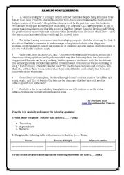 English Worksheet: reading comprehension for 4th arts students