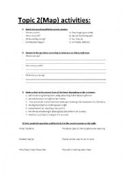 English Worksheet: Present Simple and Continuous activities (map, buildings...)