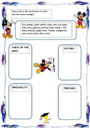 English Worksheet: Personality, clothes, part of the body, feelings revision