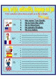 English Worksheet: name, nationality, origin, language and jobs