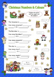 English Worksheet: Christmas numbers 1-20 and colours review
