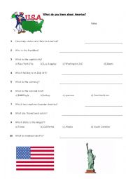 English Worksheet: What Do You Know About America?