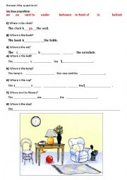 English Worksheet: Preositions- Where is...? (in a living room) -partially filled