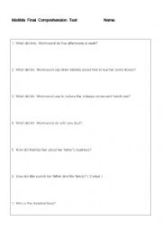 English Worksheet: Matilda ( Final Comprehension Questions )