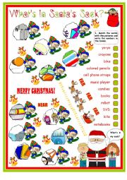 English Worksheet: Whats in Santas Bag with Demonstratives - this, that, these, those. 2 Pages Plus Key.