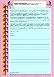 English Worksheet: Writing exercise- Reply to a letter from your penfriend, pre-int +