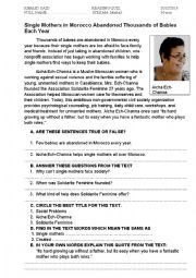 English Worksheet: Reading: Single Mothers and Social Problems