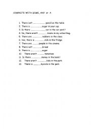 English Worksheet: SOME, ANY OR INDEFINITE ARTICLE
