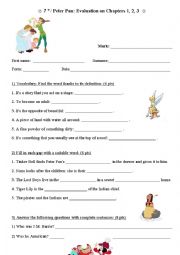 English Worksheet: Peter Pan  evaluation for chapters 1, 2, 3 