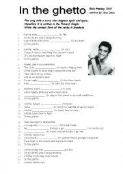 Present simple and continuous with In the Ghetto by Elvis (2 pages)