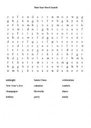 English Worksheet: New Year Word Search