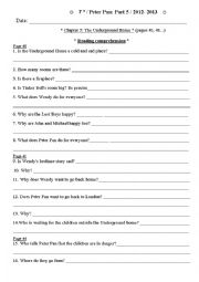 English Worksheet: Peter Pan chapter 5 reading Comprehension