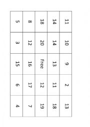 English Worksheet: Bingo Game Numbers (1-20)