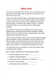 English Worksheet: SAFETY  FIRST - conprehension reading
