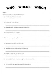 English Worksheet: Who, Which, Where