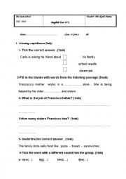 English Worksheet: Reading test 1st form