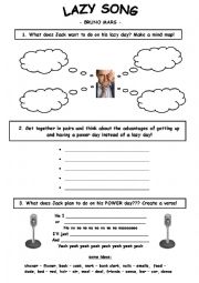 English Worksheet: Lazy Song Tasks (Bruno Mars) 