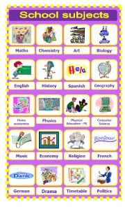 English Worksheet: School Subjects Pictionary