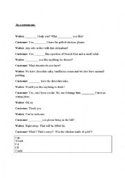 English Worksheet: In a Restaurant - Dialogue.
