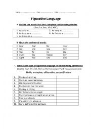 English Worksheet: Figurative Language