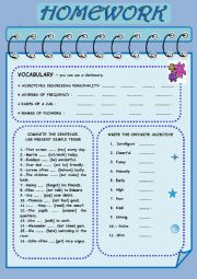 English Worksheet: HOMEWORK:  VOCABULARY AND GRAMMAR