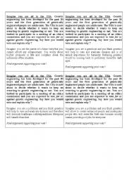 English Worksheet: Role play cards on genetic engineering- I