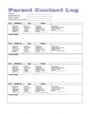 English worksheet: Parent Contact Log