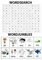 English worksheet: wordsearch and wordjumbles