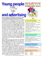 English Worksheet: 2 page TEST on ADVERTISING (11th grade) + key