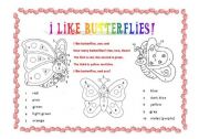 English Worksheet: Butterflies. Learn the poem and color by numbers
