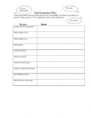 English worksheet: Present Simple, Find Someone Who
