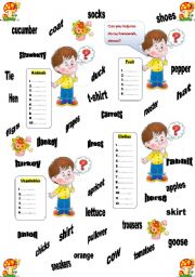 English Worksheet: Review (Animals/Clothes/Fruit/Vegetables)