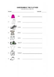 English worksheet: clothes unscramble