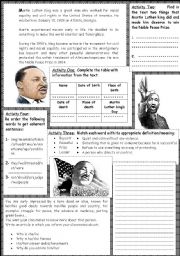 English Worksheet: Martin Luther King: reading +  comprehension activities+ writing activity