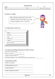 English Worksheet: Test: reading exercises, personal information, personal pronouns, verb to be, numbers